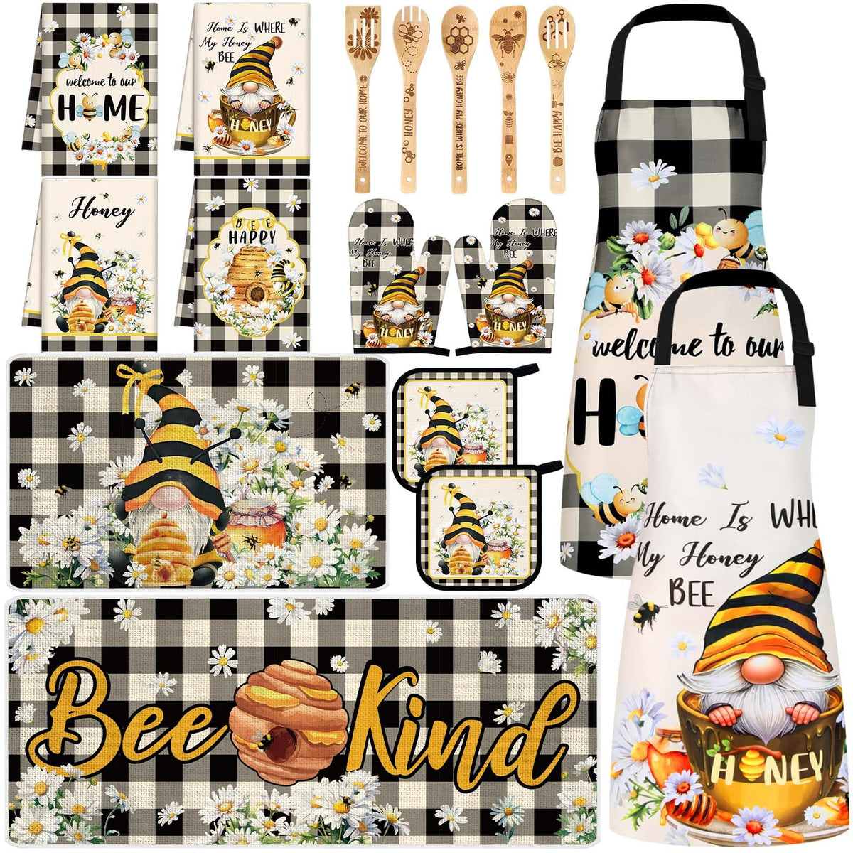 17 Pcs Bee Gnome Kitchen Decor and Accessories Gnome Kitchen Rug and Mat Oven Mitts and Pot Holders Apron Dish Towels Cute Wooden Spoons for Holiday Decoration Home Housewarming Gifts (13 Count)