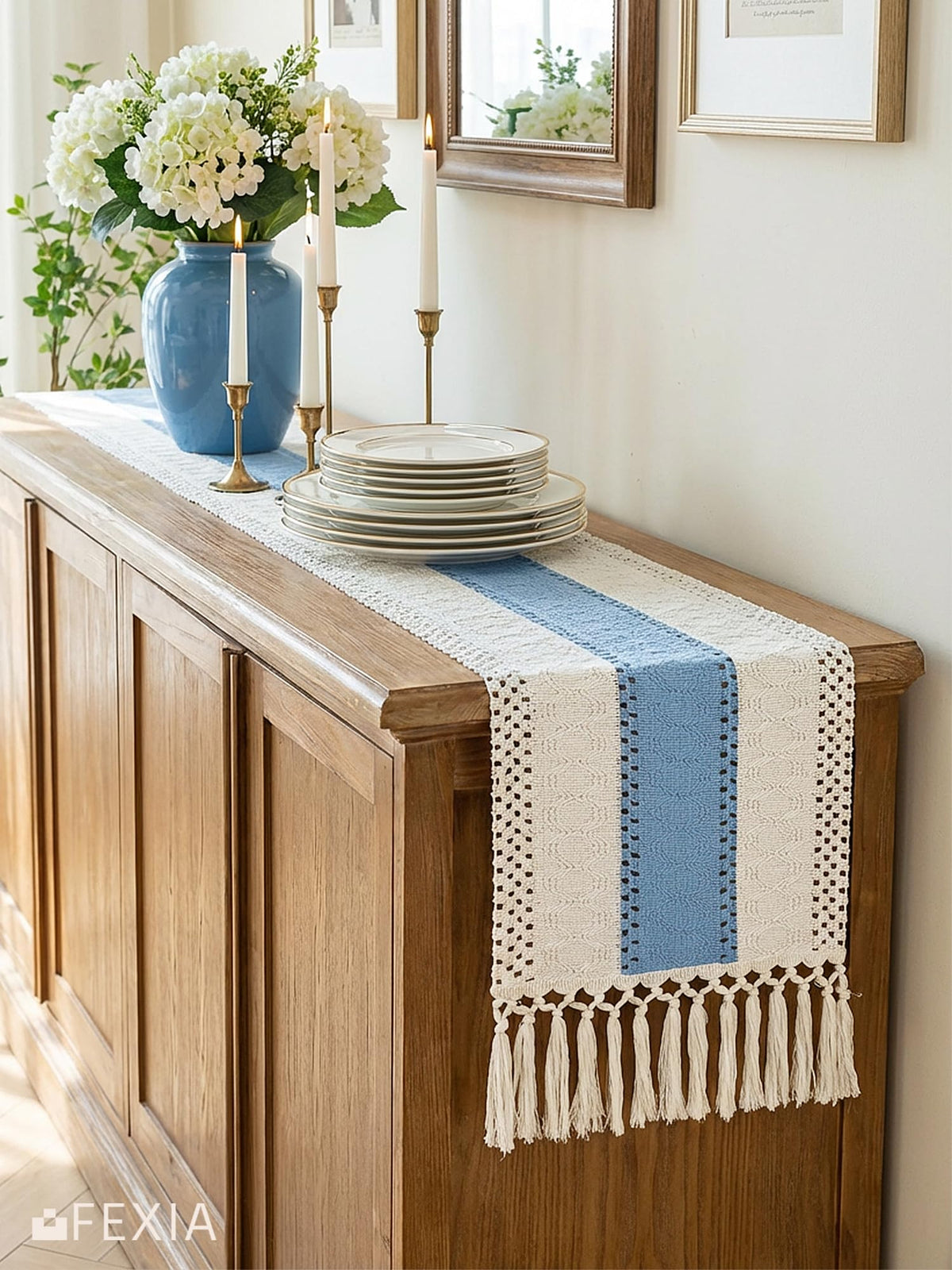 Boho Table Runner for Home Decor 12x72 Light Blue Farmhouse Decor (6 Sq Ft)