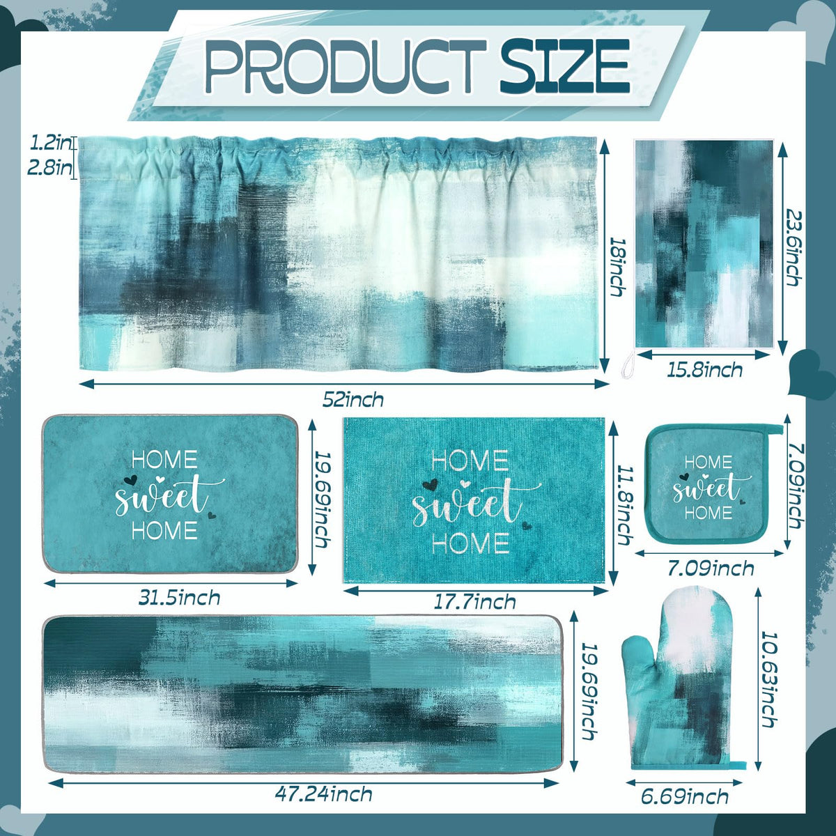16 Pcs Turquoise Kitchen Decor and Accessories Set 4 Teal Abstract Area Kitchen Towels 2 Non Slip Rugs and Mats 2 Modern Grey Oven Mitts 2 Pot Holders 4 Placemats 2 Curtains for Home Decoration Gift (16 Count)
