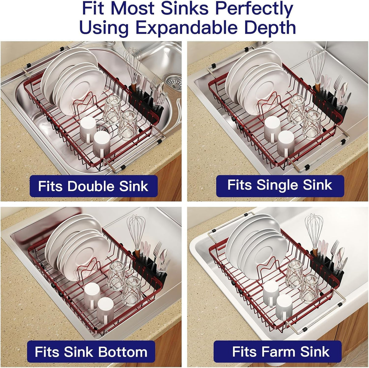 Red Dish Drying Rack Over The Sink with Utensil Holder