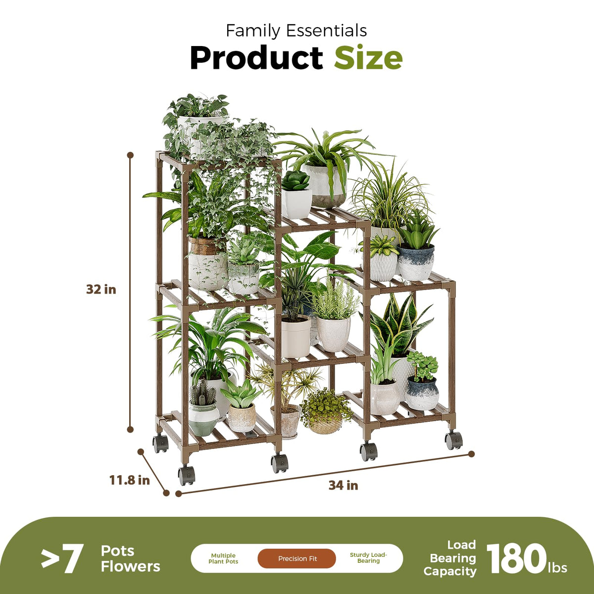 Plant Stand with Wheels for Indoor Plants Wood Outdoor Tiered Shelf 3 Tire 7 Potted Ladder Plant Holder Table Pot Stand for Window Garden Balcony Patio Living Room