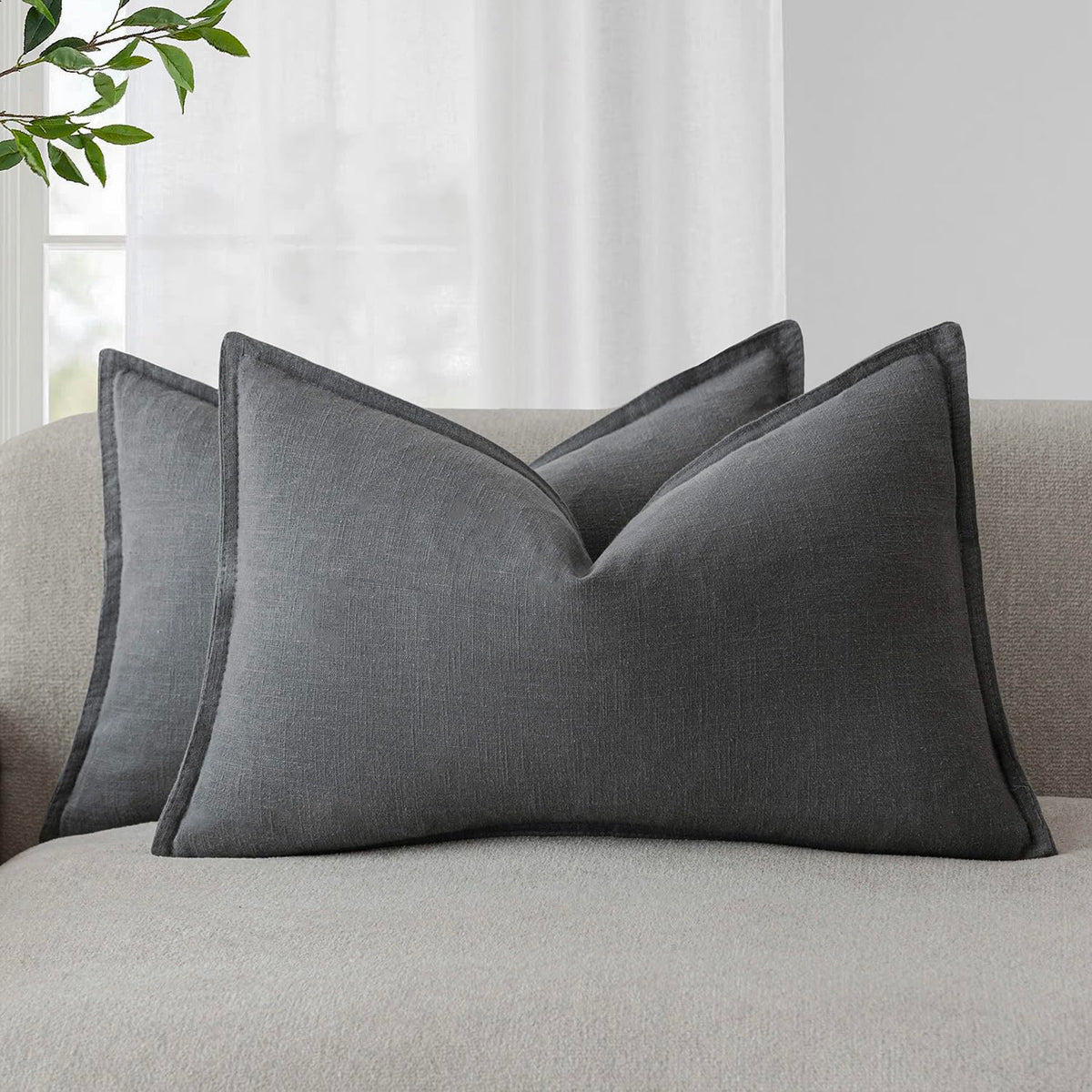 Pack of 2 Decorative Linen Solid Throw Pillow Covers Soft Accent Lumbar Cushion Case Boho Farmhouse Pillowcase for Chair Couch Sofa Bedroom Living Room Home Decor 12 x 20 Inch Grey (2 Count)