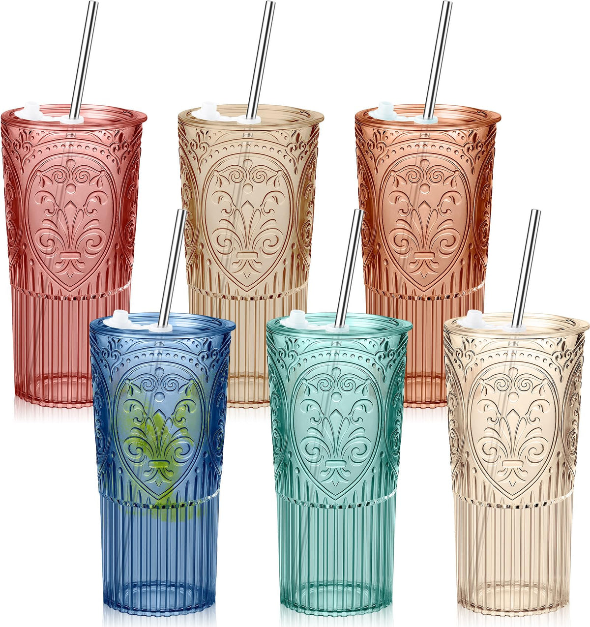 6 Set 20oz Vintage Plastic Tumbler with Lids and Straws Ribbed Floral Drinking Glasses Reusable Iced Coffee Cups for Water Juice Smoothie Cocktail Travel Party Events Gift (6 Count)