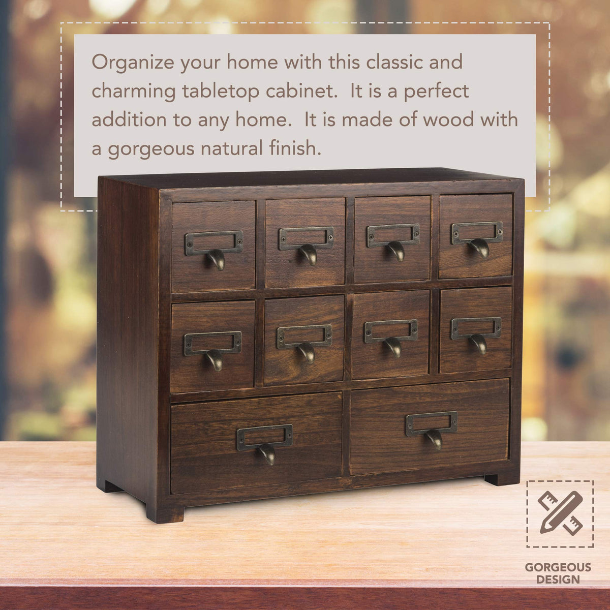 Traditional Card Catalog Solid Wood Small Chinese Medicine Small Curio Cabinet l Vintage Retro Look Tea Storage Organizer Apothecary Drawer Dresser l Modern Gadget Coffee Shelf