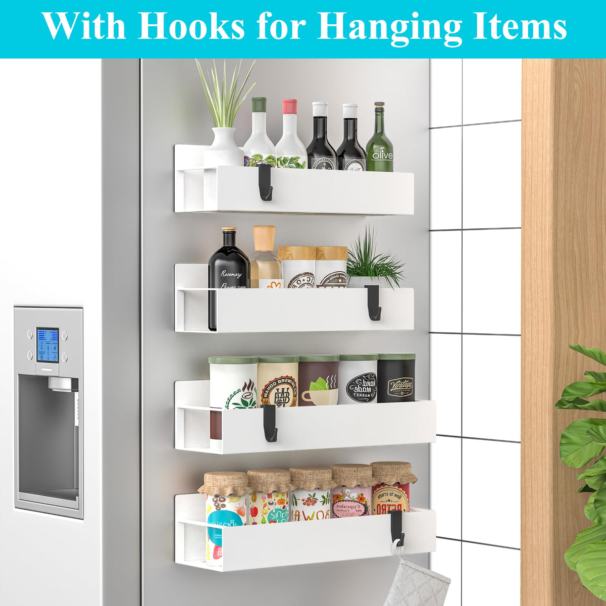 Metal Magnetic Spice Rack for Refrigerator with Hooks White (4 Count)