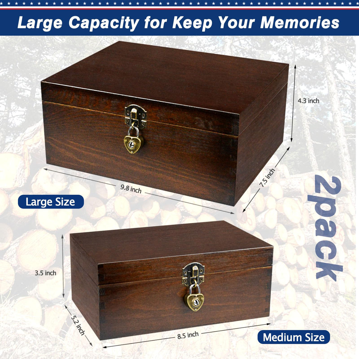 Wood Keepsake Boxes with Lock and Keys Handcrafted Decorative Wooden Storage Case Cabinet Container Hinged Lid Country Rustic Style Organizer for Trinkets Gift Card Collection Coffee Color 2 Pack (2 Count)