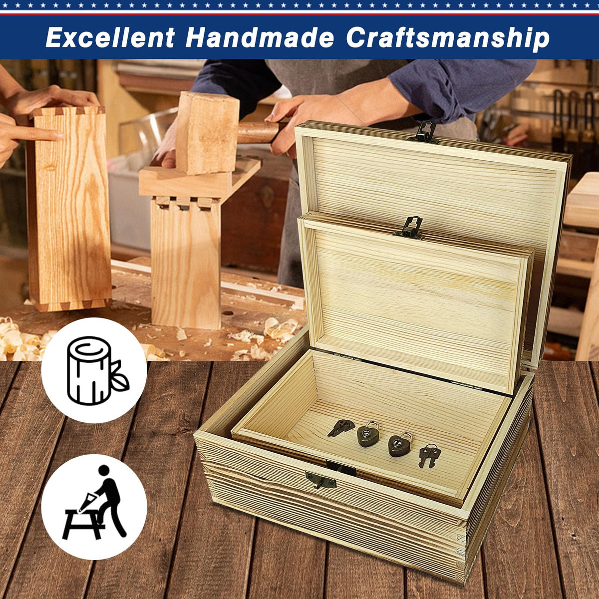 Wooden Box with Lock and Keys Hinged Lid Treasure Chest Memory Hobby Preservation Rustic Decorative Archival Organizer Jewelry Gadget Trinkets Keepsake Wood Storage Boxes 2 Pack Smokey Color