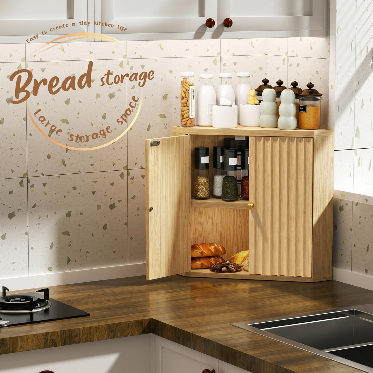 Natural Corner bread box for kitchen countertop