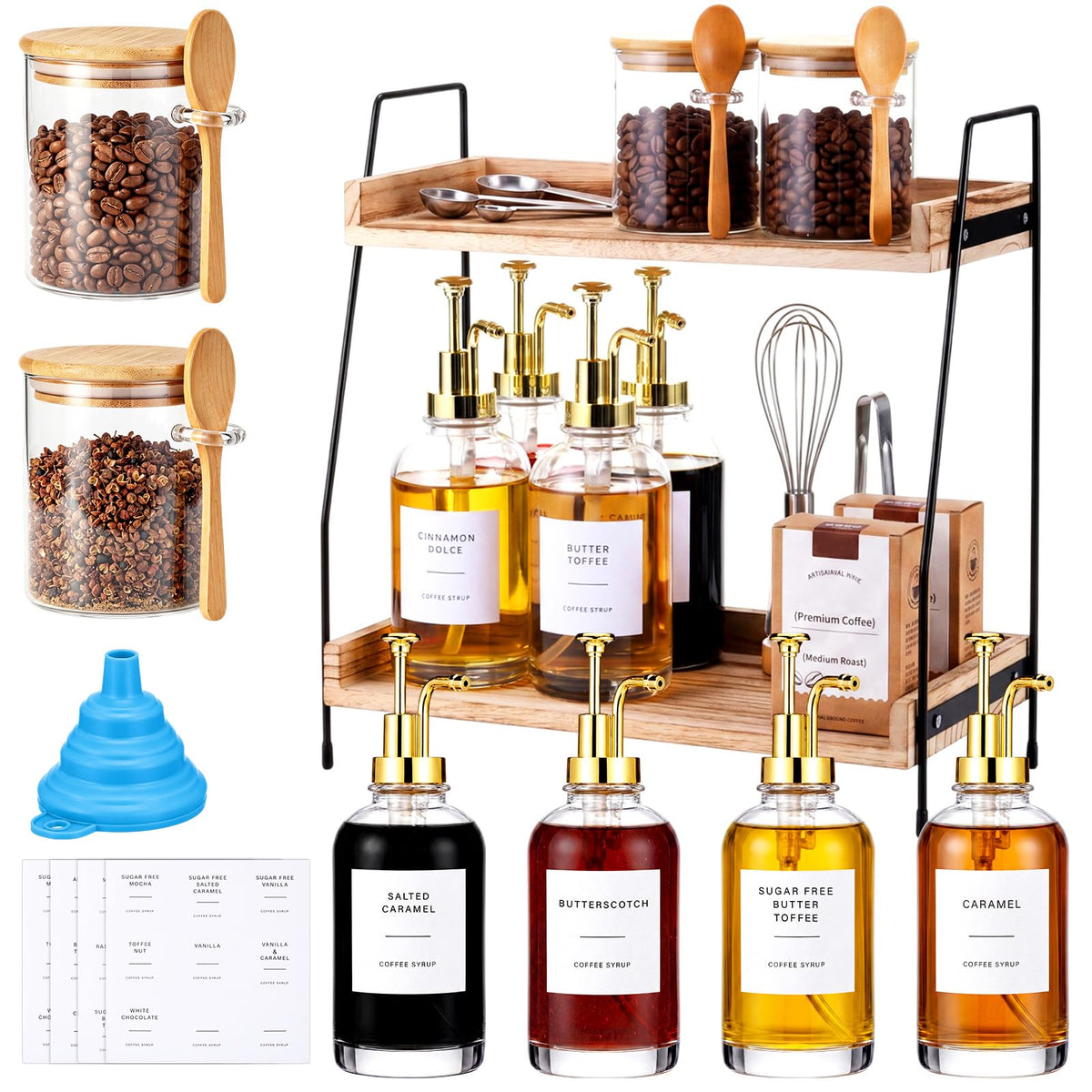 7-in-1 Coffee Station Organizer Set, 4pcs 500ml Coffee Syrup Dispenser, 2 Sealed Storage Cans with Spoons, 2-tier Wooden Storage Shelf with Funnel Label Accessories for Kitchen, Home, Office (9 Count)