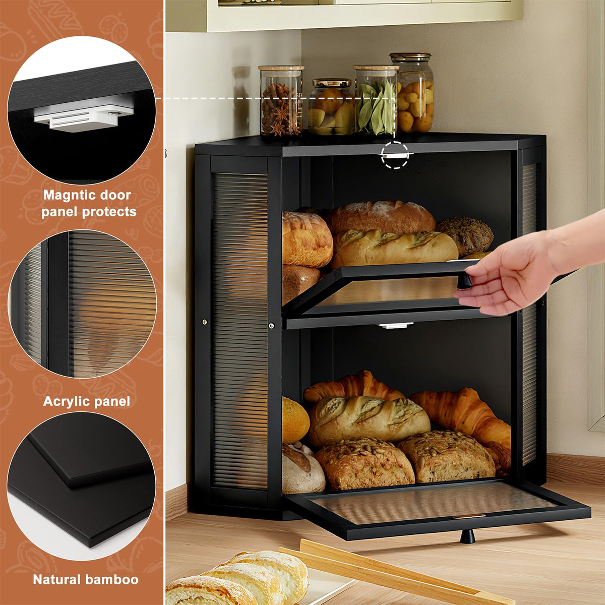 Double Layer Corner Bread Box for Kitchen Countertop with 2 Doors