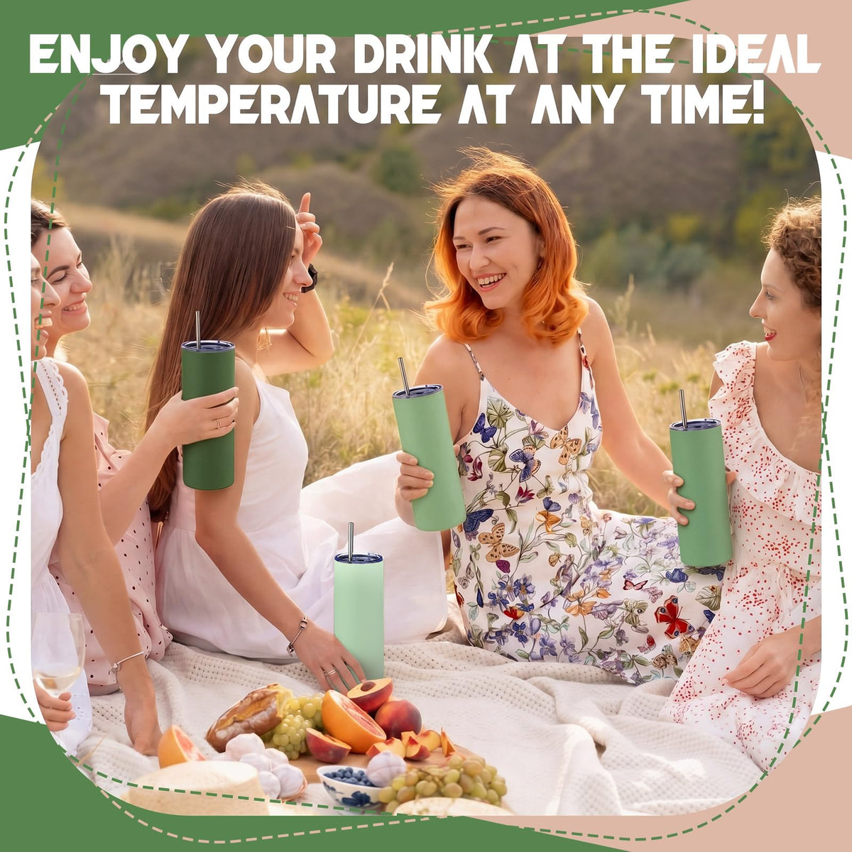 8 Pcs Sage Green Tumbler 20oz Travel Coffee Mugs with Lid and Straw Insulated Stainless Steel Tumblers Double Wall Vacuum Skinny Water Bottle for Coffee Beverage Hot & Iced Drinks (8 Count)
