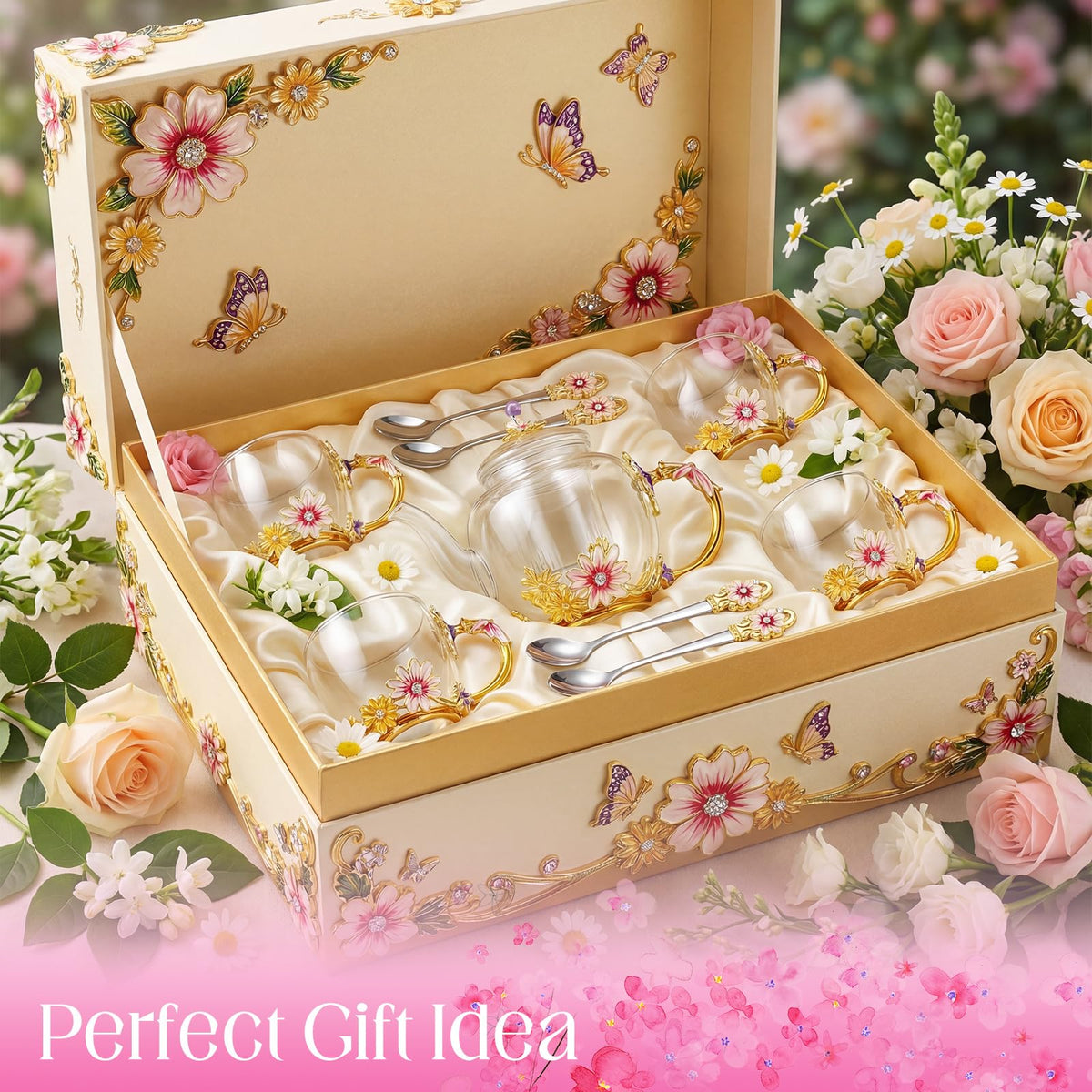 5 Pcs Floral Glass Tea Set (5 Count)