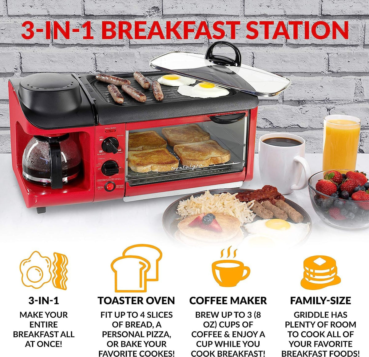 3-in-1 Breakfast Station - Includes Coffee Maker, Non-Stick Griddle, and 4-Slice Toaster Oven - Versatile Breakfast Maker with Timer - Red