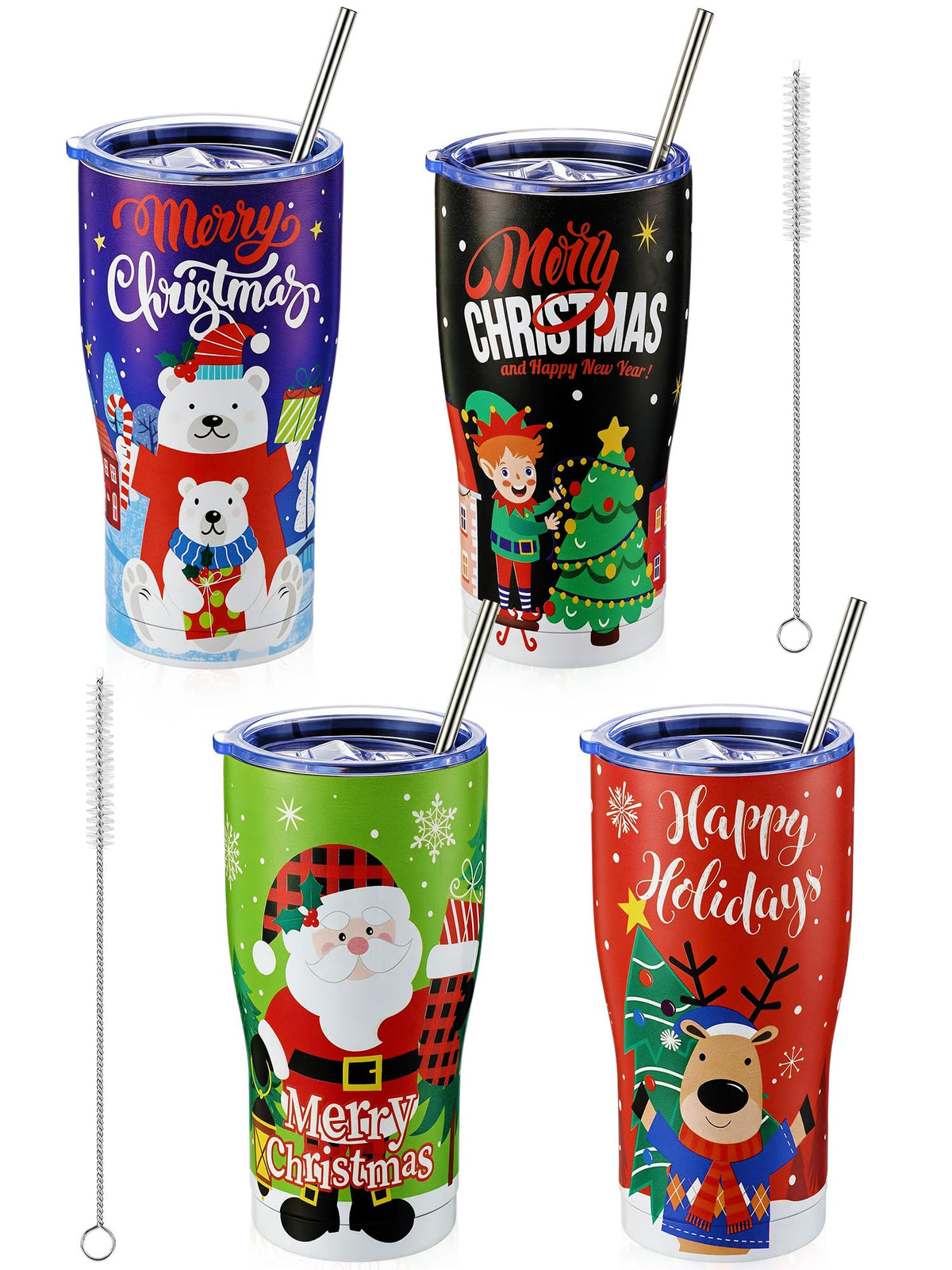 4 Sets 20oz Christmas Tumblers with Lids and Straws Christmas Stainless Steel Tumbler Double Wall Insulated Travel Coffee Mug for Xmas Gift Holiday Family Friend Drinks (4 Count)