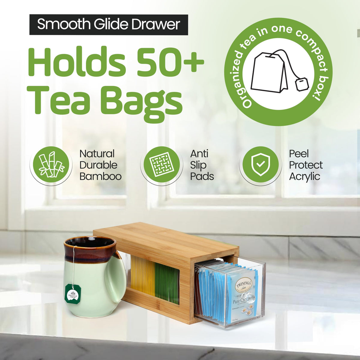 Bamboo and Acrylic Drawer Tea Bag Holder