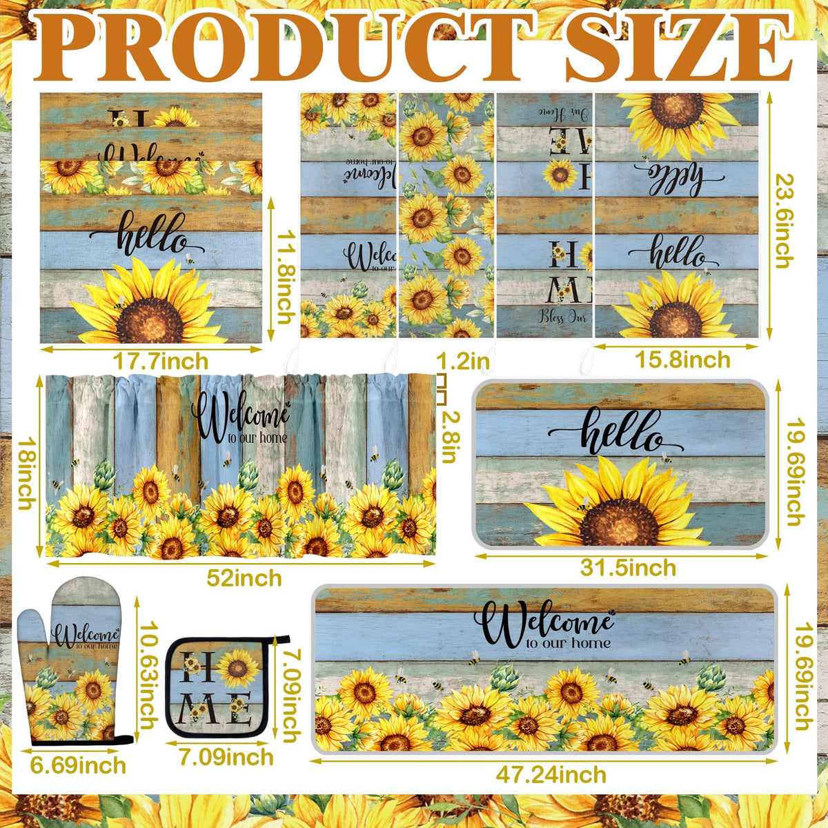 16 Pcs Sunflower Kitchen Decor Set Kitchen Towels Non Slip Rugs and Mats Oven Mitts Gloves Pot Holders Placemats Curtains for Decor Gift (16 Count)