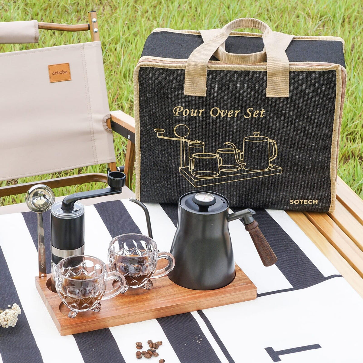 Pour Over Coffee Maker Set Chinese Tea Set Wooden Storage Tray Coffee Dripper Glass Server Coffee Scoop DIY Manual Pour Over Kit Black
