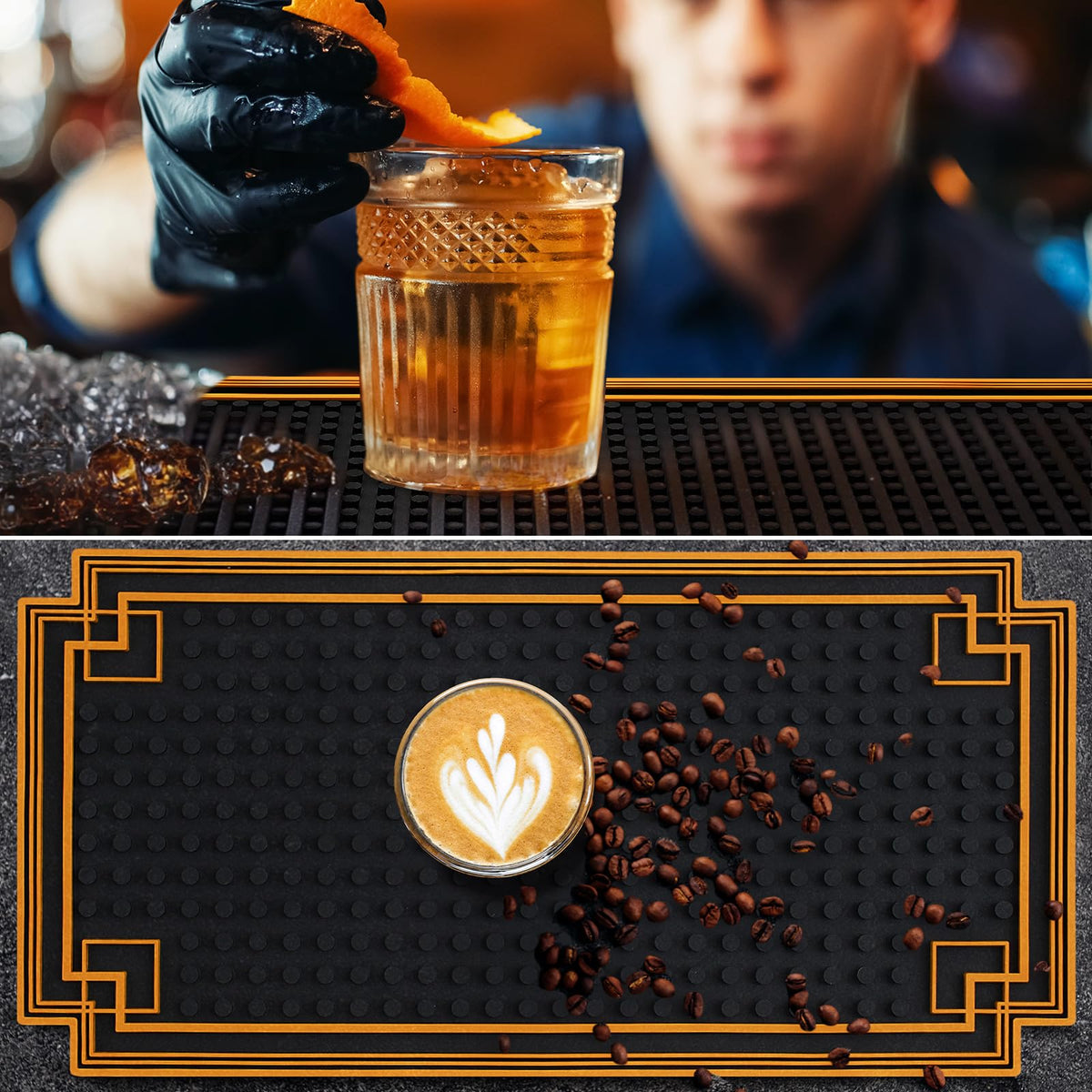 4 Pcs Bar Mat 12 x 6 Inch Non Slip Rubber Mat with Gold Border Durable Stylish Spill Cocktail Service Coffee Mats for Restaurants Barbershop Clippers Bartending (4 Count)
