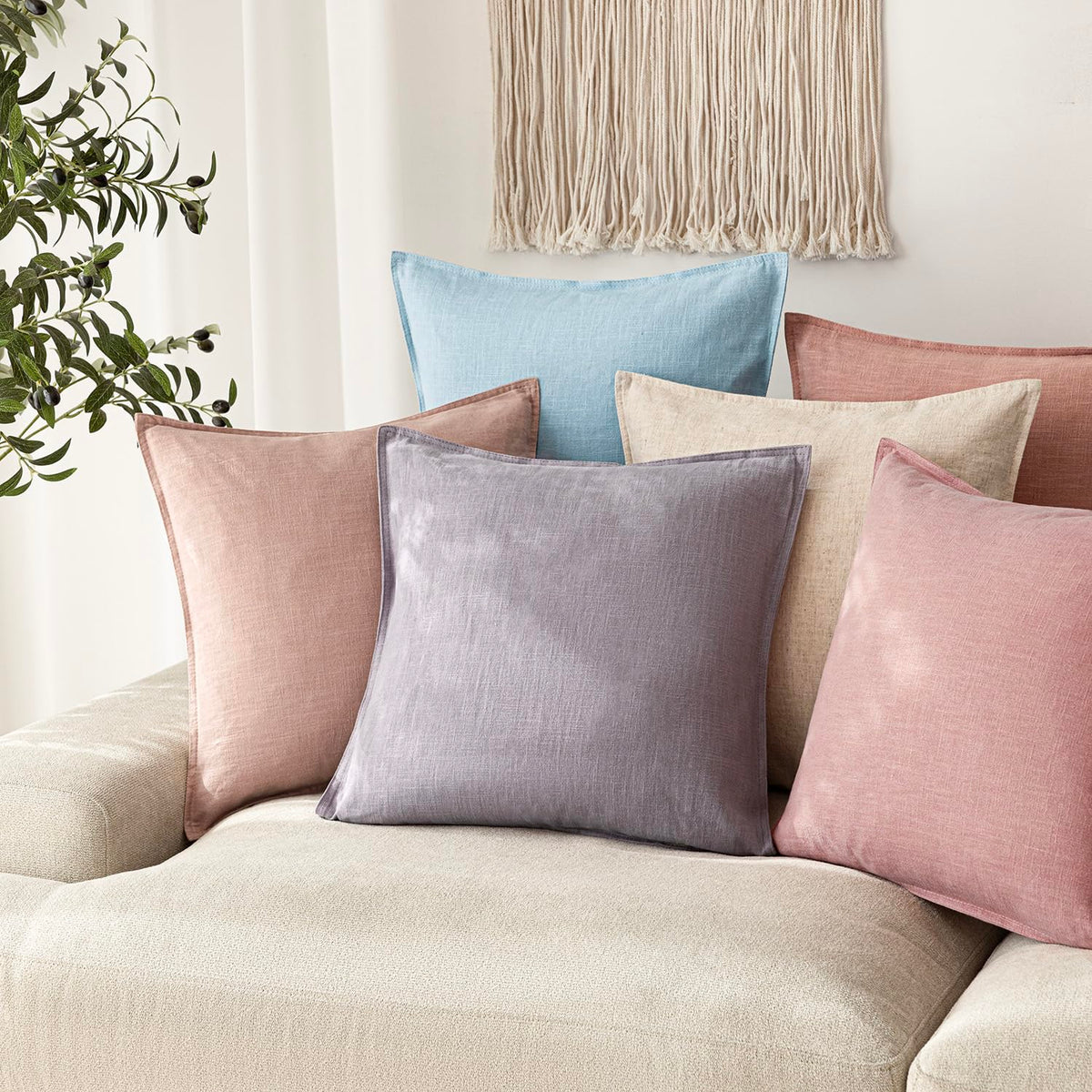 Pack of 2 Decorative Linen Solid Throw Pillow Covers Soft Accent Euro Cushion Case Boho Farmhouse Neutral Pillowcase for Couch Sofa Bedroom Living Room Home Decor 24 x 24 Inch Light Purple (2 Count)