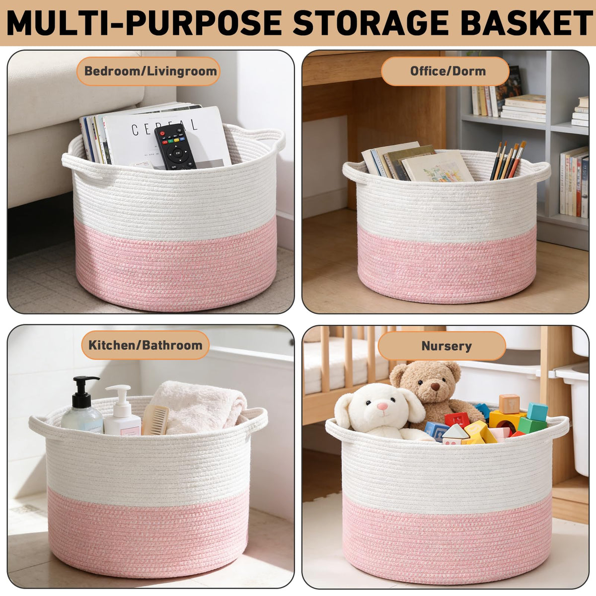 90L Extra Large Pink Woven Cotton Rope Basket with Handles