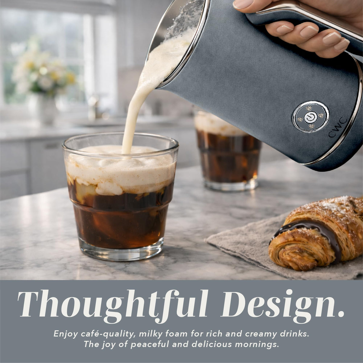4-in-1 Electric Milk Steamer and Frother - 2-Minute Heating and Frothing, Hot and Cold Foam Maker for Coffee, Latte, Cappuccino, Macchiato, Milk Warmer, Auto Shut Off, Grey