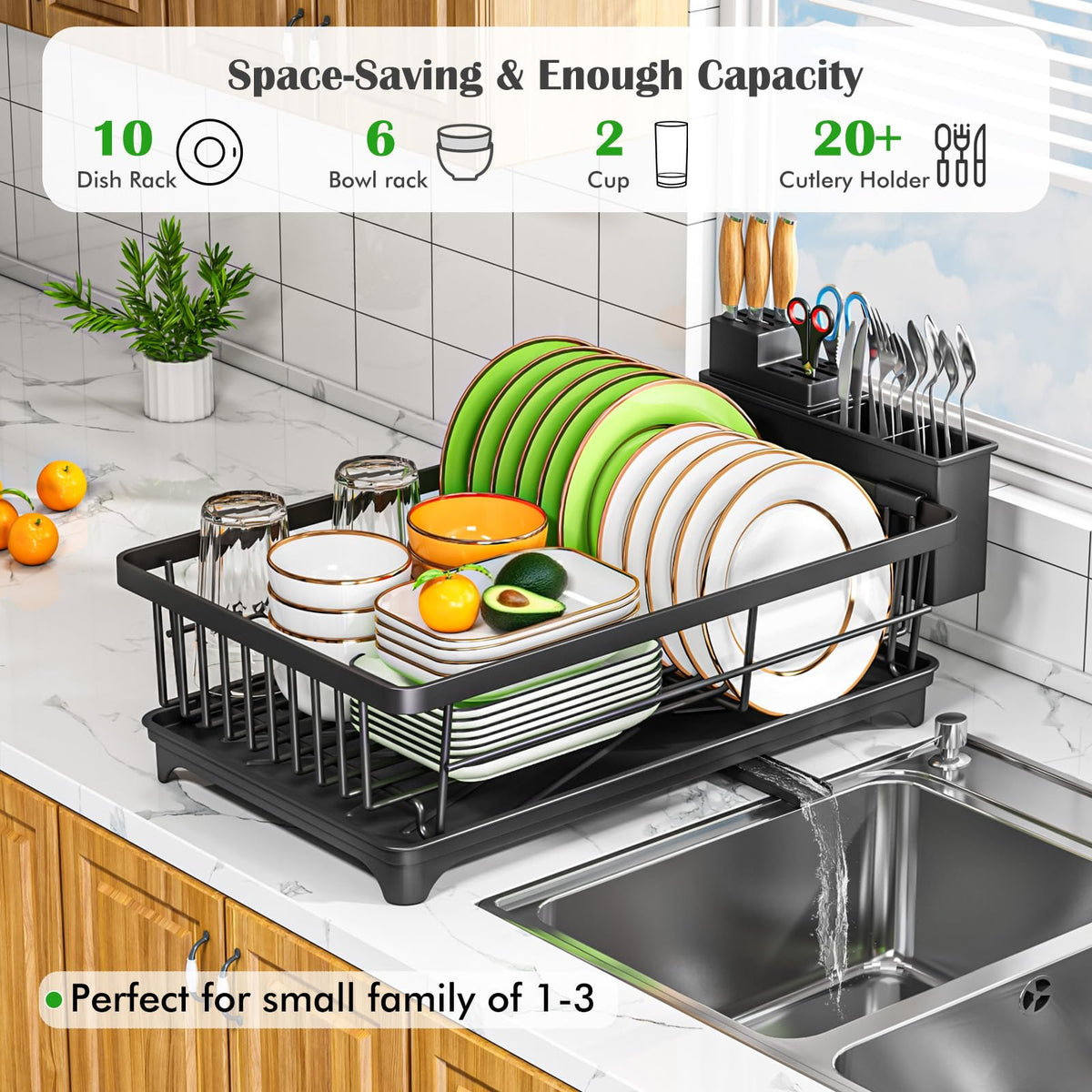 Dish Drying Rack for Small Kitchen Counter with Utensil Holder