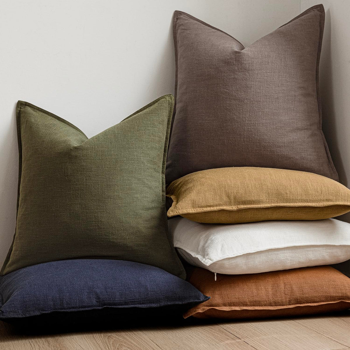 Set of 2 Decorative Linen Solid Throw Pillow Covers Soft Accent Euro Cushion Case Farmhouse Neutral Pillowcase for Chair Couch Sofa Bedroom Living Room Home Decor 24 x 24 Inch Light coffee (2 Count)