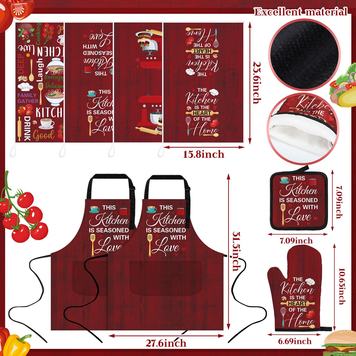 17 Pcs Farmhouse Kitchen Decor and Accessories Red Funny Kitchen Set Rug and Mat Oven Mitts and Pot Holders Apron Dish Towels Cute Wooden Spoons for Holiday Decoration Home Housewarming Gift (17 Count)