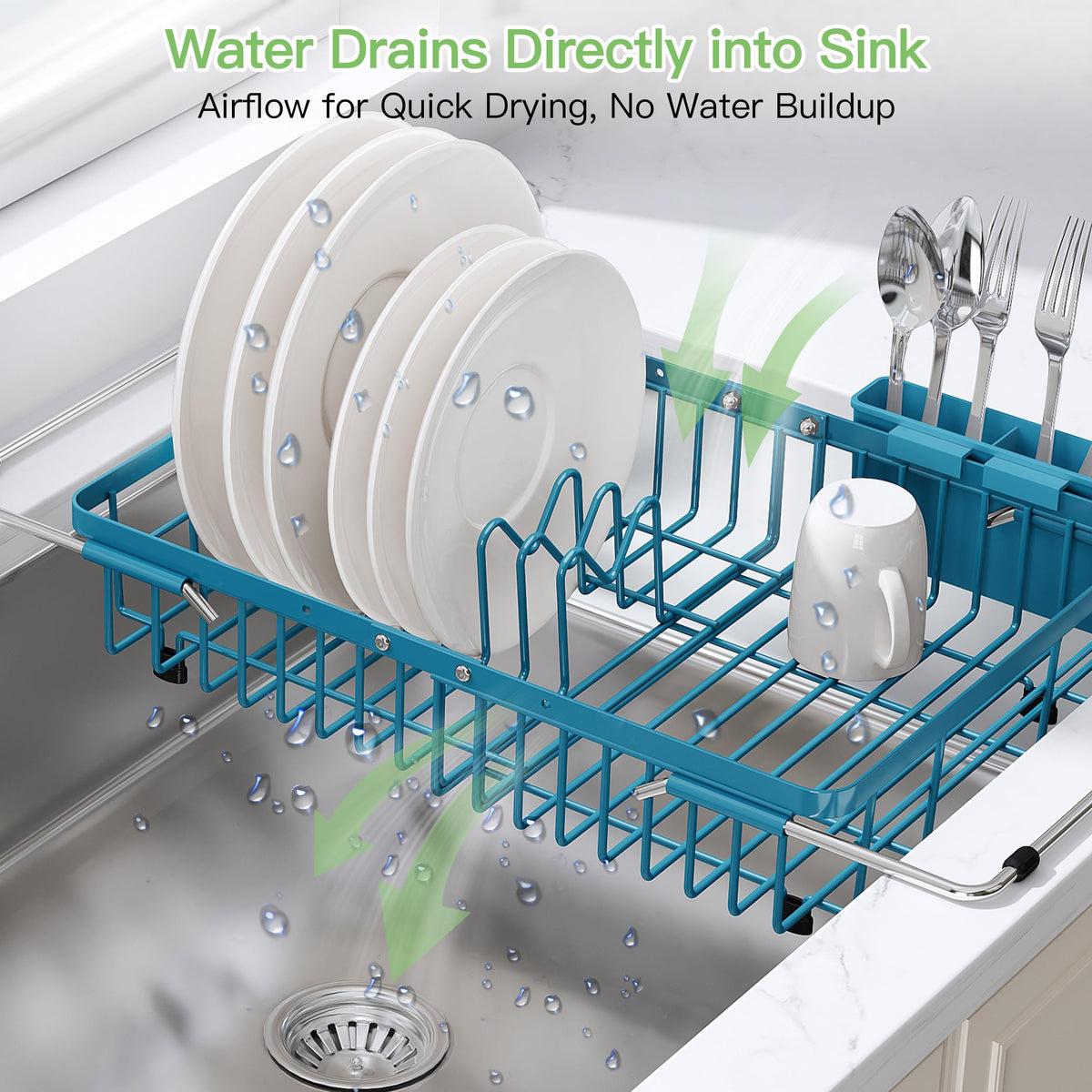 Blue Dish Drying Rack Over the Sink with Utensil Holder