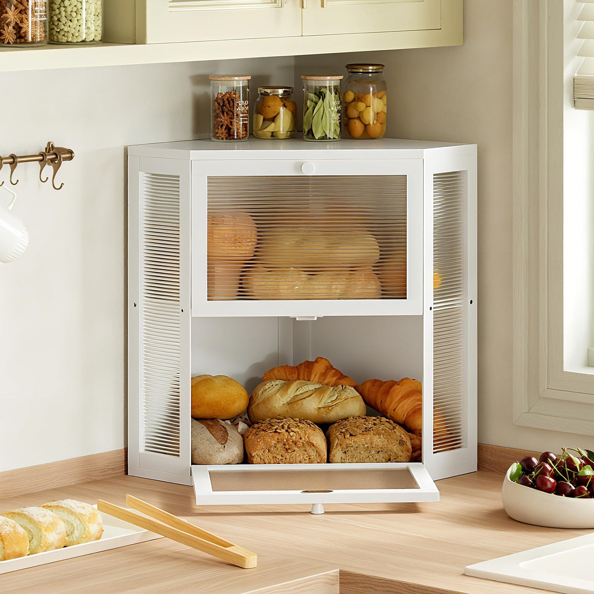 Double Layer Corner Bread Box for Kitchen Countertop with 2 Doors