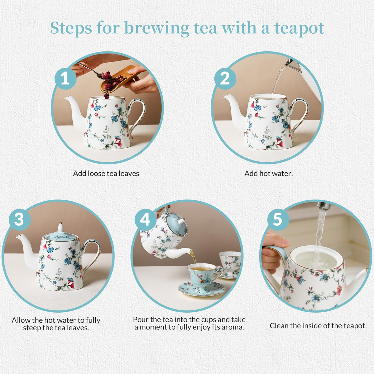 Teapot Set Vintage Floral Bone China Teapot with 24K Gold