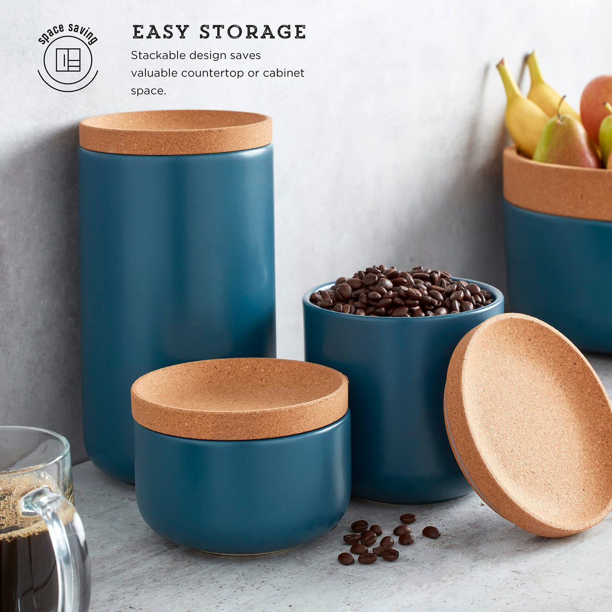 Ceramic and Cork Set of 3 Stackable Canisters