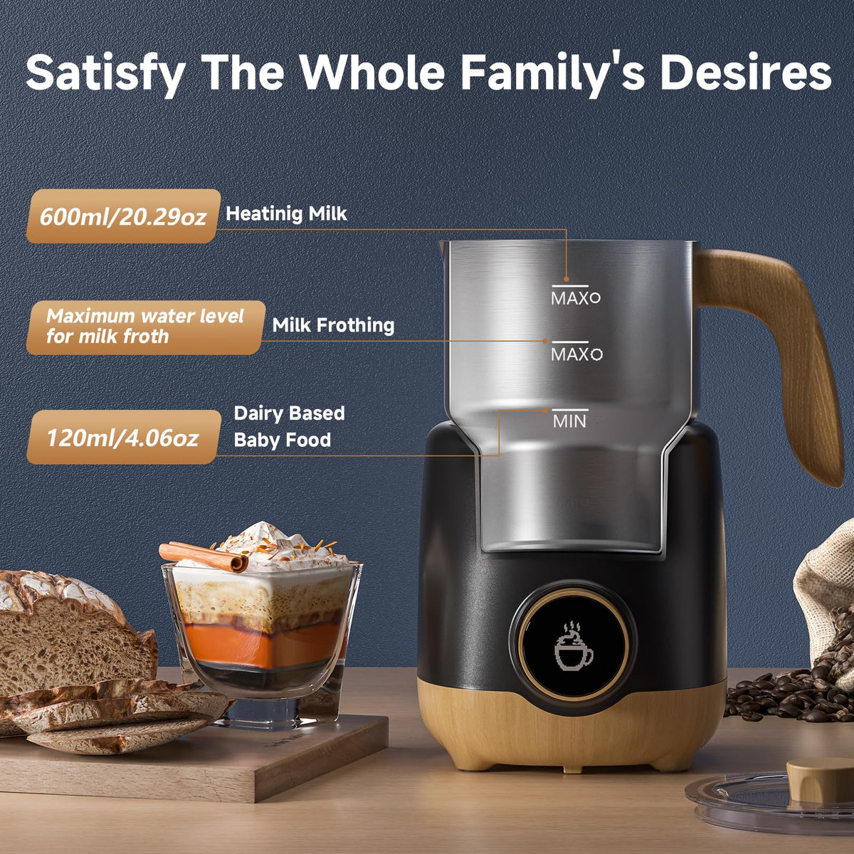 21 oz 8-in-1 Milk Frother, 550W Split Stainless Steel Automatic Steamer, Milk Warmer for Latte, Cappuccino, Hot Chocolate, Hot/Cold Froth, Heated Milk & Baby Food, Black (21 Ounce)