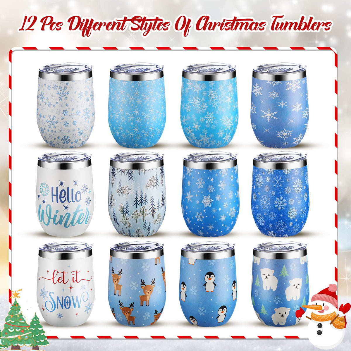 12 Sets Christmas Wine Tumbler 12oz Stainless Steel Vacuum Insulated Winter Coffee Mug Stemless Xmas Wine Glasses Holiday Gift for Teacher Coworker Friend Travel Party (12 Count)