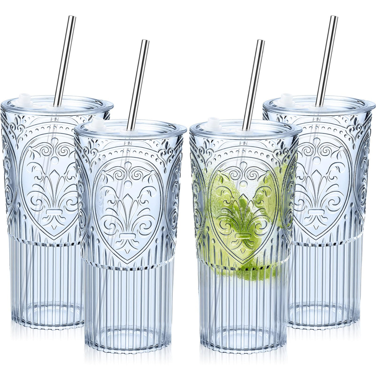 4 Set 20oz Vintage Plastic Tumbler with Lids and Straws Ribbed Floral Drinking Glasses Reusable Iced Coffee Cups for Water Juice Smoothie Cocktail Travel Party Events Gift (4 Count)