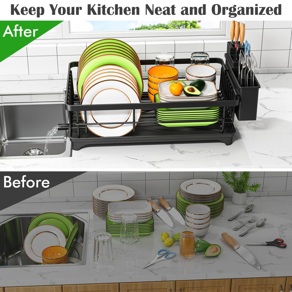 Dish Drying Rack for Small Kitchen Counter with Utensil Holder