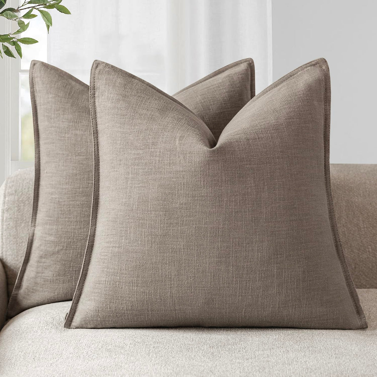 Set of 2 Decorative Linen Solid Throw Pillow Covers Soft Accent Euro Cushion Case Farmhouse Neutral Pillowcase for Chair Couch Sofa Bedroom Living Room Home Decor 20 x 20 Inch Brown Tan (2 Count)