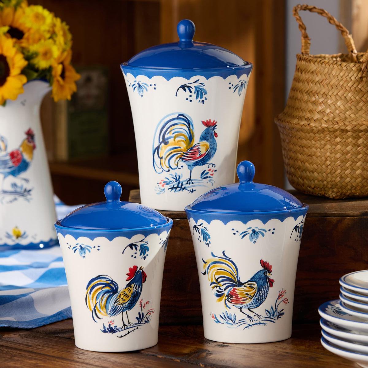 French Rooster Ceramic 3‑Piece CANISTER SET