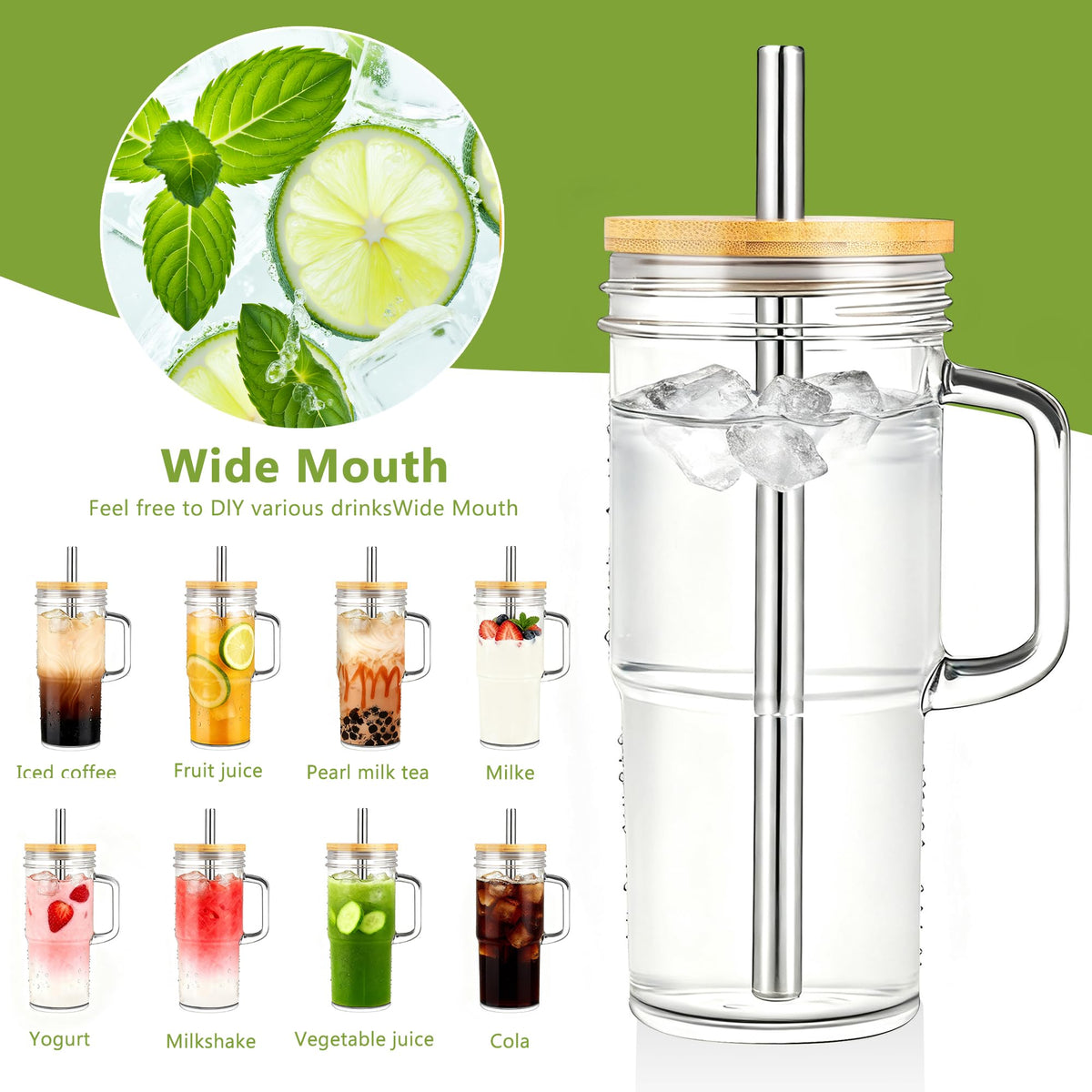 24oz Glass Cups with Lids and Straws (24 Count)