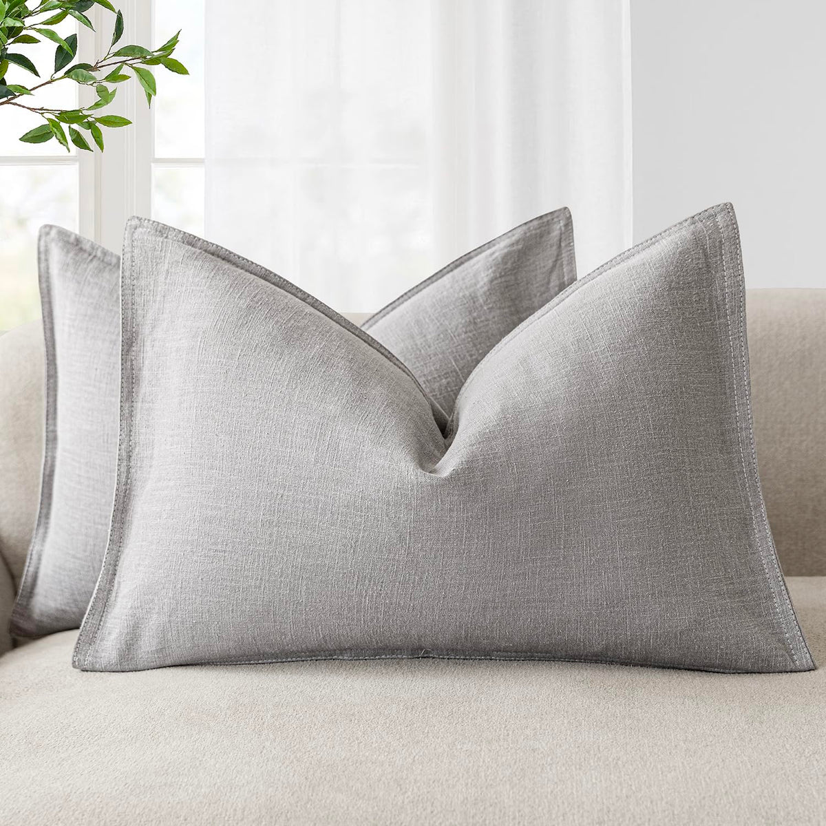 Pack of 2 Decorative Linen Solid Throw Pillow Covers Accent Lumbar Cushion Case Farmhouse Pillowcase for Chair Couch Sofa Bedroom Living Room Home Decor 12 x 20 Inch Light Rustic Gray (2 Count)