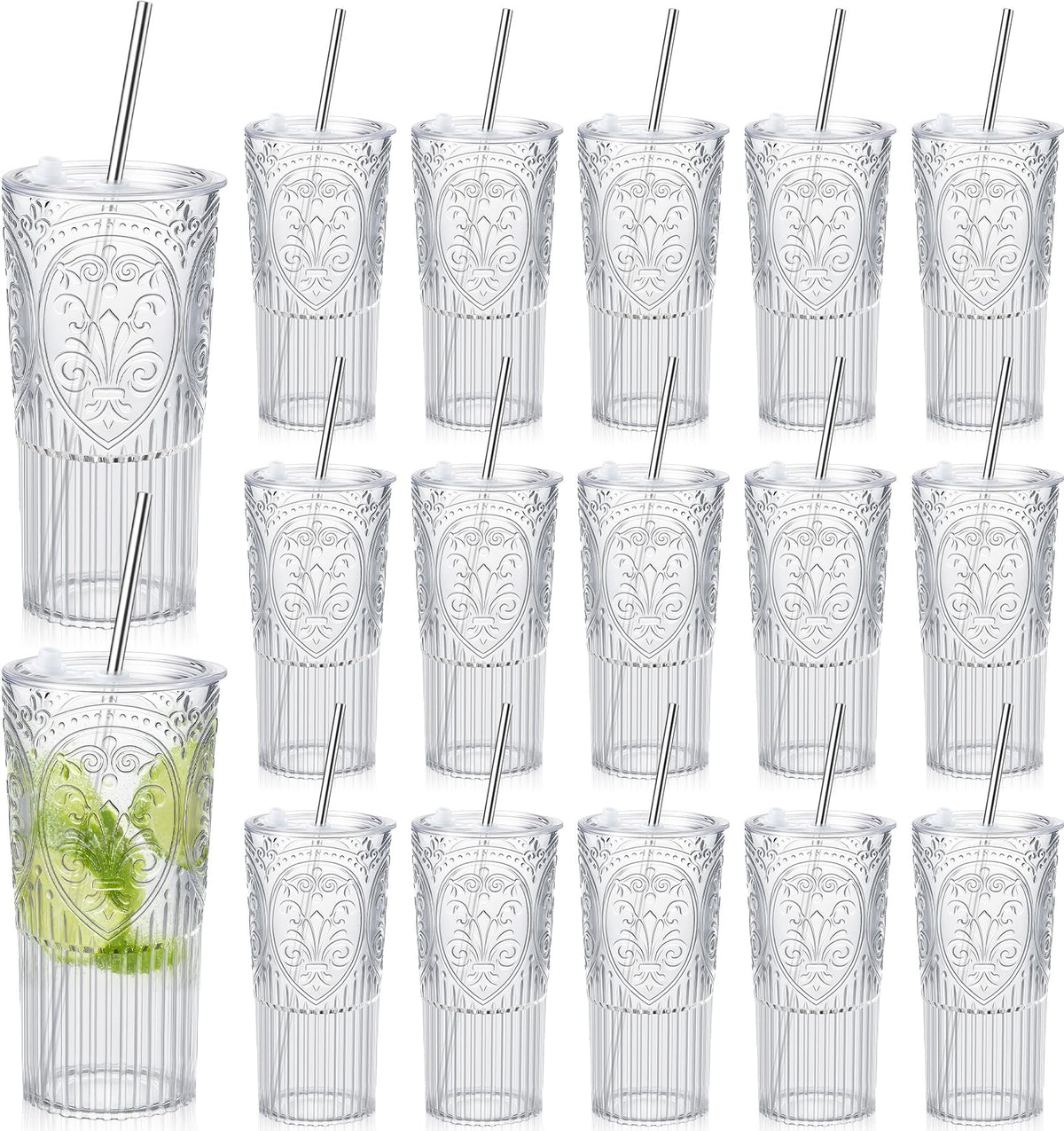16 Set 20oz Vintage Plastic Tumbler with Lids and Straws Ribbed Floral Drinking Glasses Reusable Iced Coffee Cups for Water Juice Smoothie Cocktail Travel Party Events Gift (16 Count)