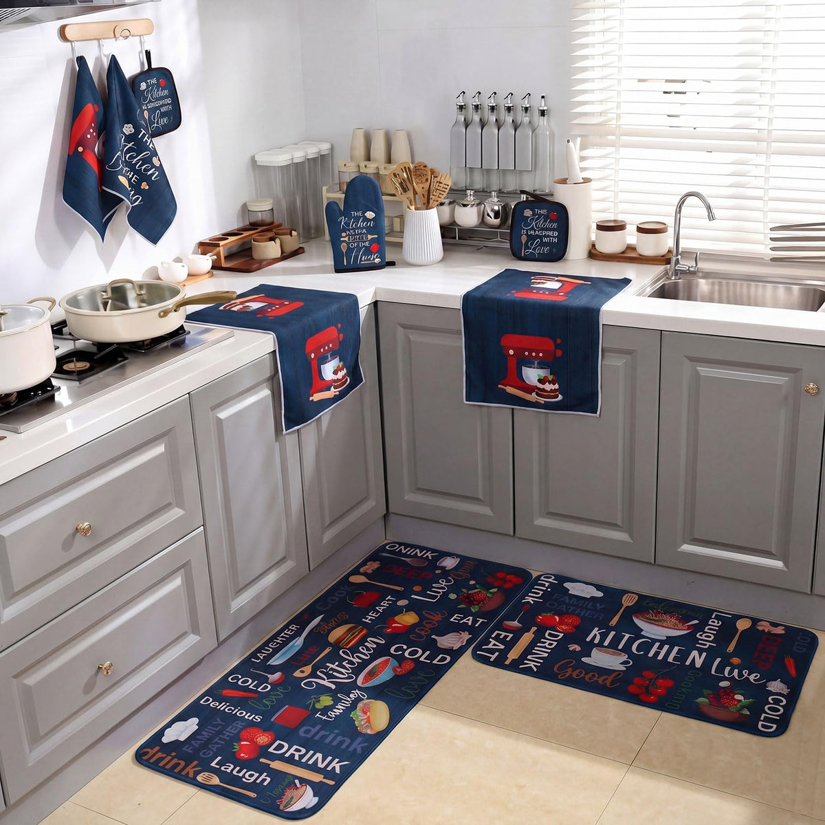 17 Pcs Blue Kitchen Decor and Accessories Blue Farmhouse Kitchen Set Rug and Mat Oven Mitts and Pot Holders Apron Dish Towels Cute Wooden Spoons for Holiday Decoration Home Housewarming Gift (17 Count)