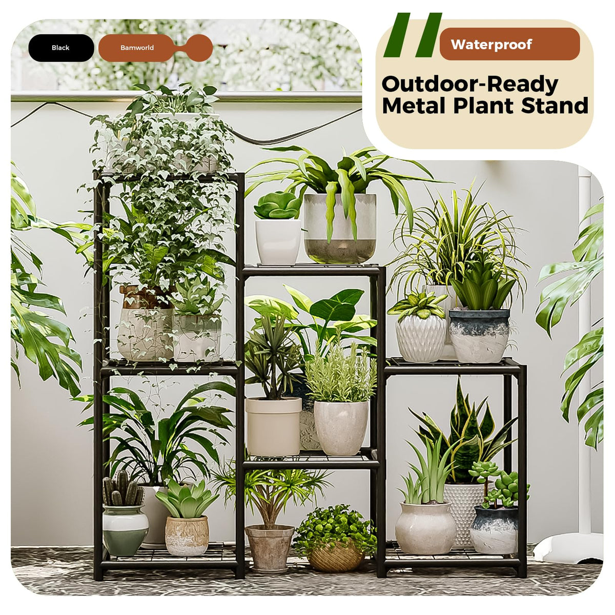 Black Plant Stand Outdoor Metal Plant Shelf for Multiple Plants