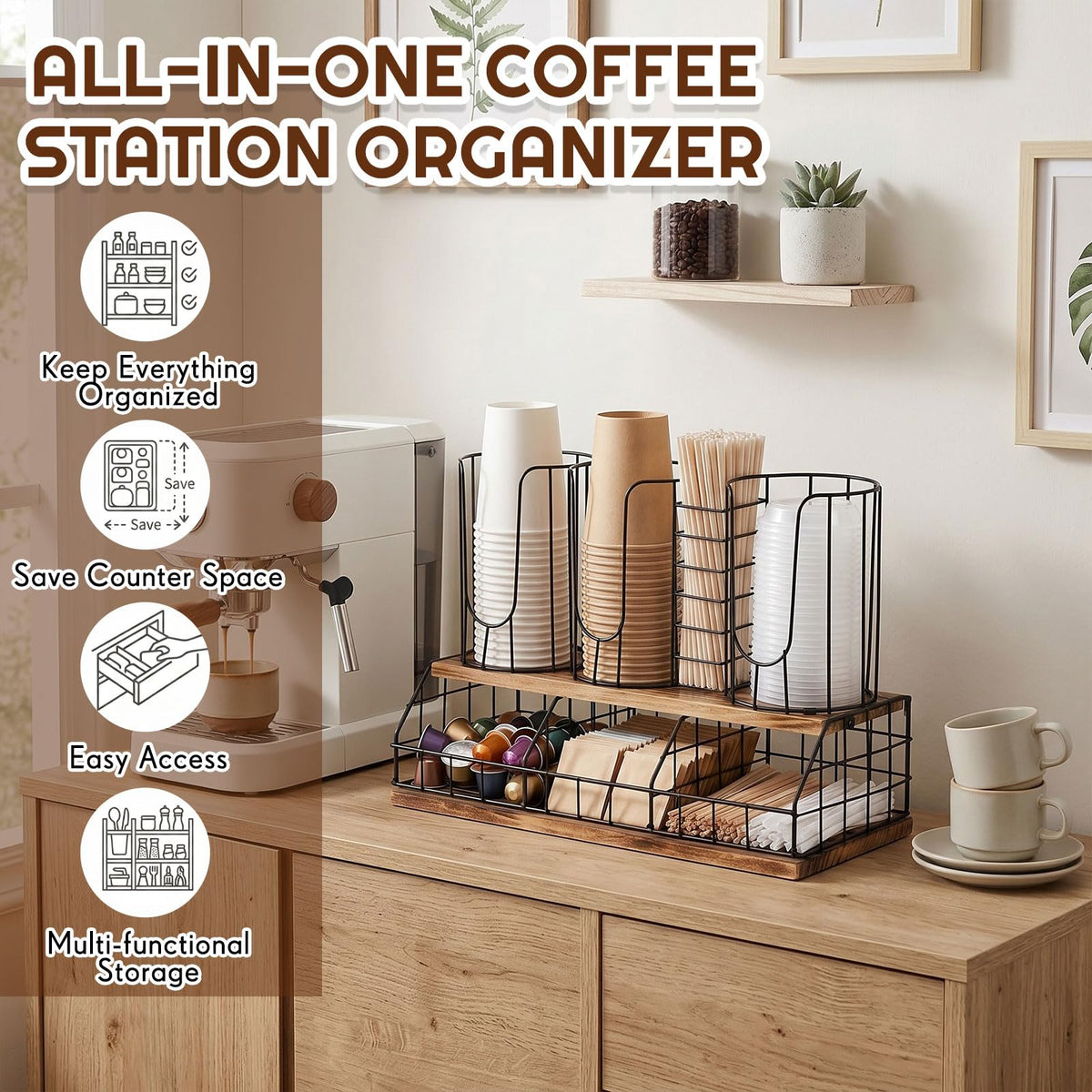 18oz Adjustable Coffee Cup Dispenser with Wooden Base