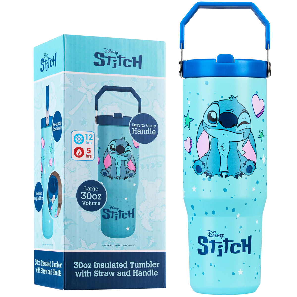 Disney Stitch Tumbler with Straw 30oz Kids Teens Insulated Cup with Lid Handle Travel Mug Cups with Lids for School Sports Gifts for Kids