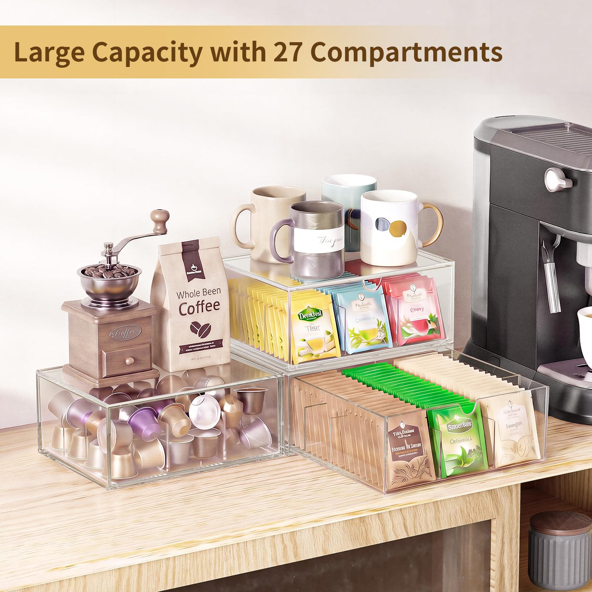 3 Pack Clear Tea Bag Organizer Drawer