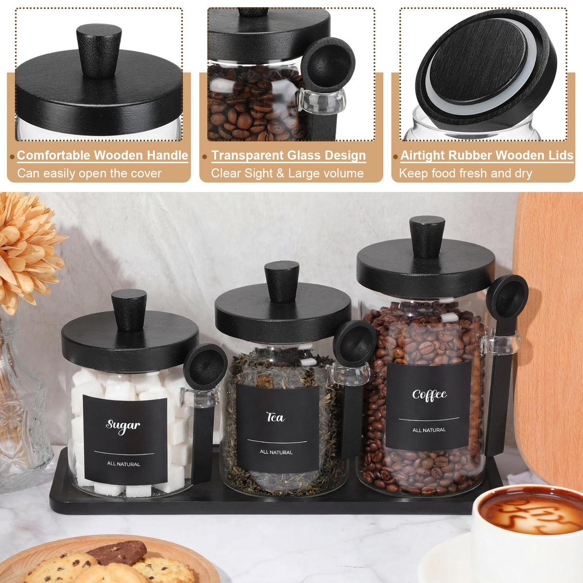3 Pcs Glass Coffee Container with Wooden Lid Spoon Shelf Labels Clear Airtight Jar Food Storage Canister Set for Sugar Spice Coffee Bean Holder Housewarming Gift (3 Count)