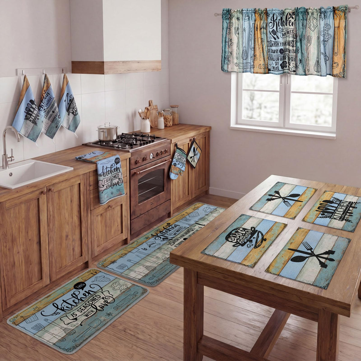 16 Pcs Farmhouse Kitchen Decor Set 4 Kitchen Towels 4 Placemats 2 Non Slip Rugs and Mats for Floor 2 Spring Oven Mitts Gloves 2 Pot Holders 2 Floral Curtains for Home Decoration Gift (16 Count)