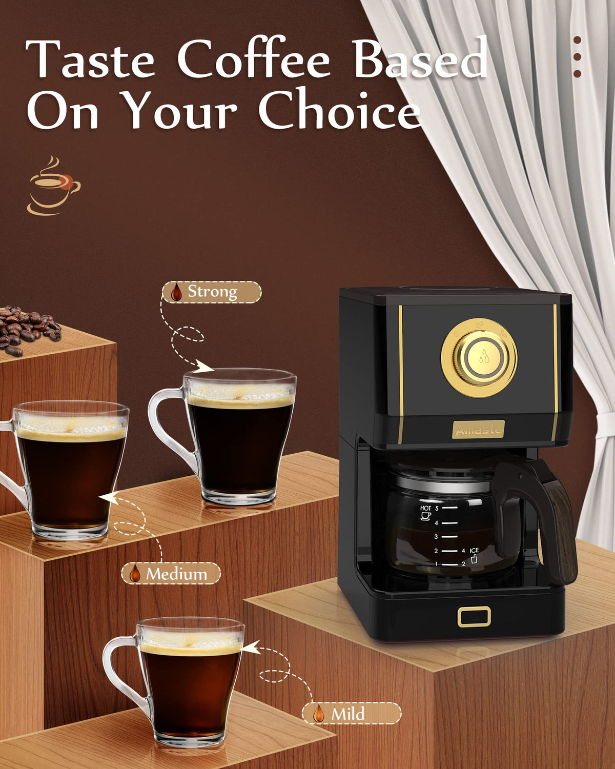 Coffee Maker 25 Oz Drip Retro Style Coffee Machine with Glass Coffee Pot with Reusable Coffee Filter & Three Brewing Modes