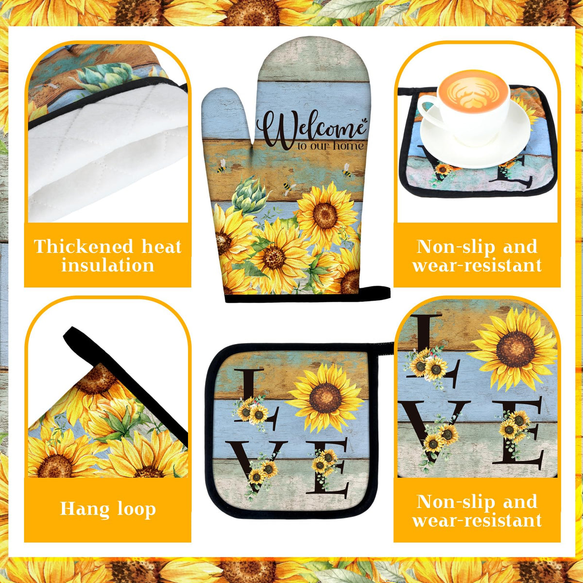 16 Pcs Sunflower Kitchen Decor Set Kitchen Towels Non Slip Rugs and Mats Oven Mitts Gloves Pot Holders Placemats Curtains for Decor Gift (16 Count)